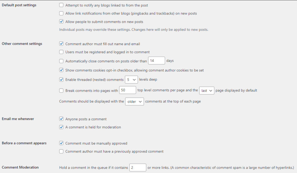 The discussion settings for a blog in South Africa built on WordPress.