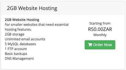 Priority One's 2GB website hosting package for R50 per month or R500 per year.