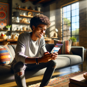 a South African person using a smartphone to shop online, comfortably seated in a modern living room with a warm and welcoming African decor.