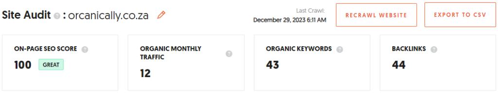 A screenshot from our site's technical audit. We have a 100 score on Ubersuggest's on-page SEO score.